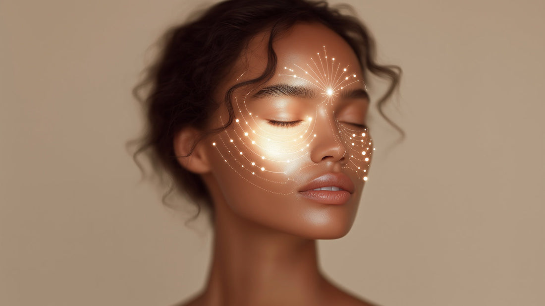 Woman with a glowing diagram on her face representing the evolution of skincare