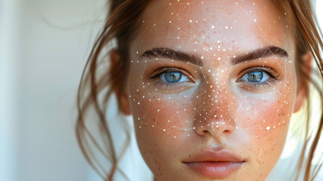 An image of a woman with a diagram overlay on her face that displays the difference between psychodermatology and holistic skincare.