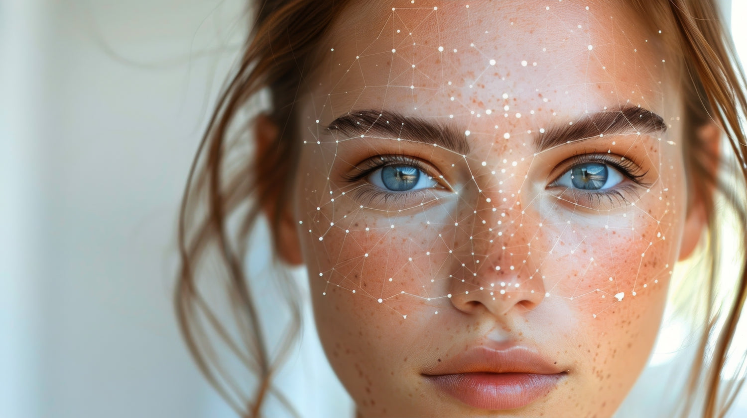 An image of a woman with a diagram overlay on her face that displays the difference between psychodermatology and holistic skincare.