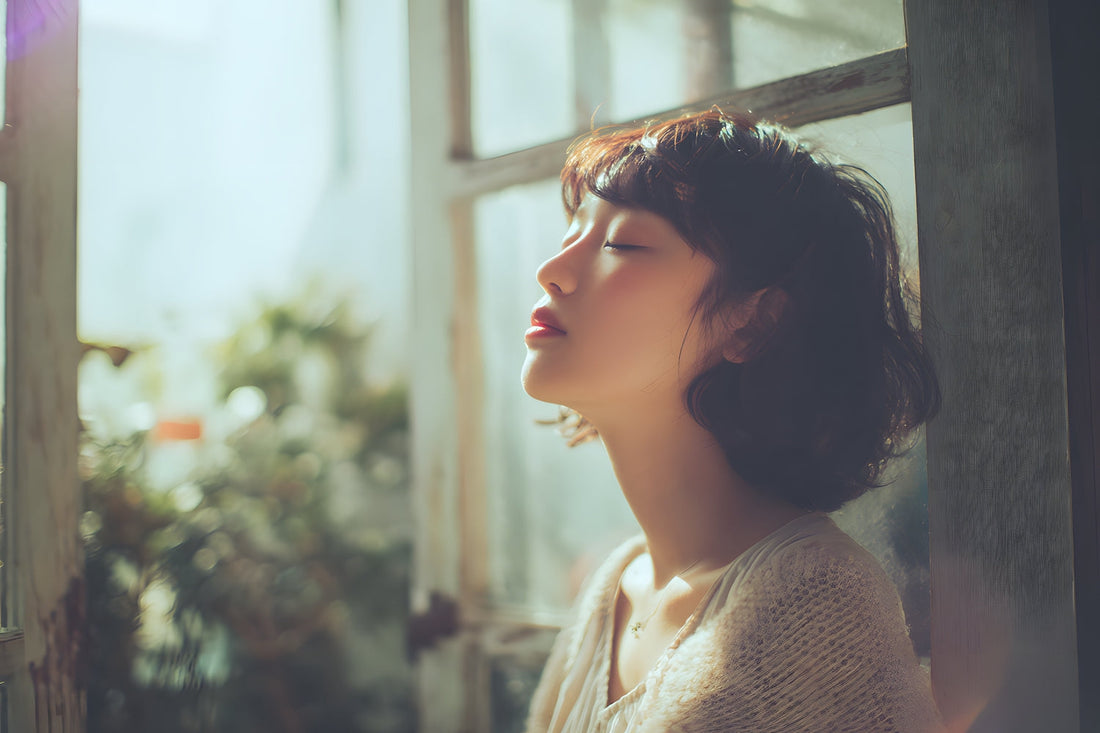 A. beautiful woman meditating by a window representing energetic hygiene