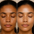 Before and after comparison of a woman's face with skin texture shown underneath.