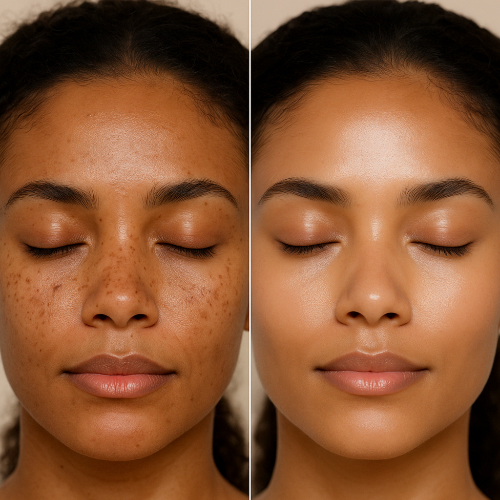 Before and after comparison of a woman's face with skin texture shown underneath.