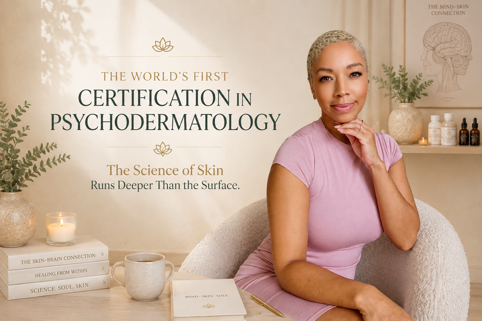 Nadia Tamara Lee sits in a white armchair in a warmly lit skincare studio, wearing a pink dress. Large text on the left reads 'THE WORLD'S FIRST CERTIFICATION IN PSYCHODERMATOLOGY' and 'The Science of Skin Runs Deeper Than the Surface.